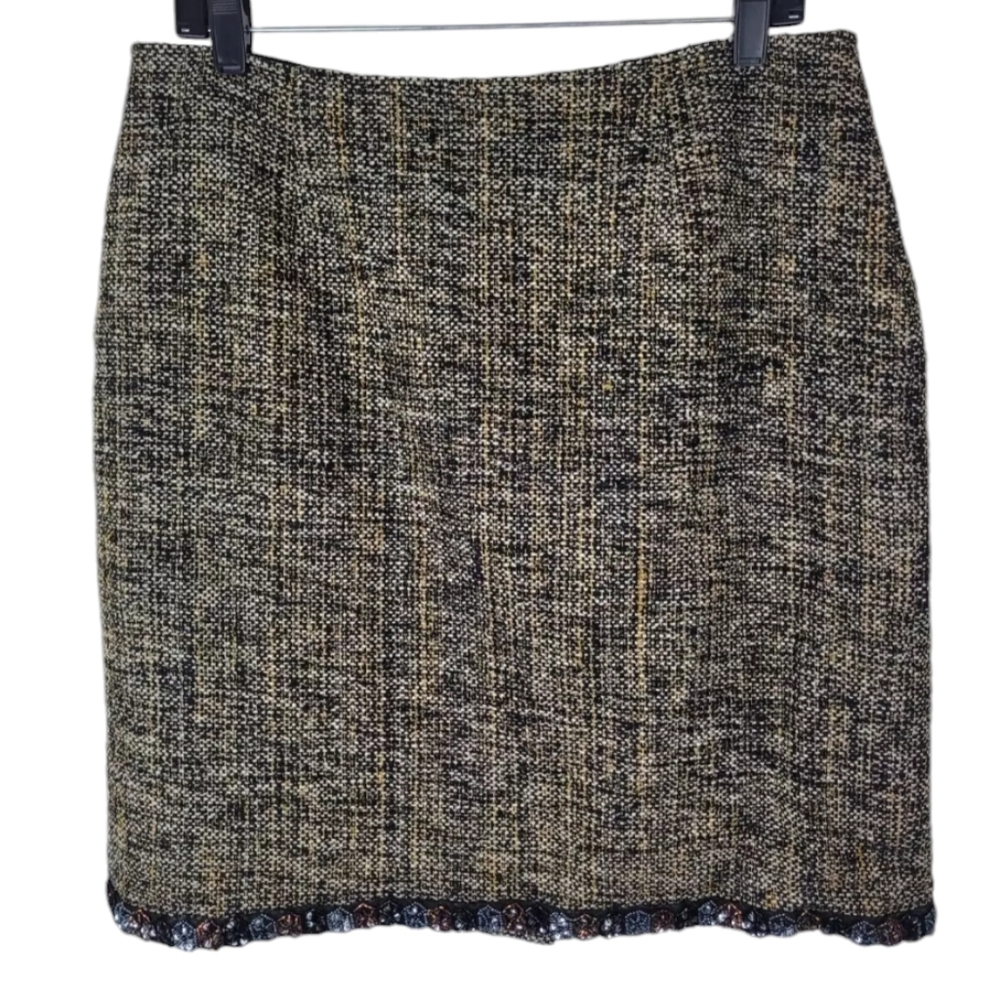 Josephine Chaus Pencil Skirt Sz 6 Beige Black Hand Woven Silk Beaded Hem Lined